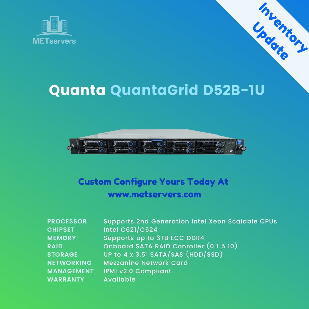 metservers's tweet photo. 📣 New shipment of #Quanta D52B-1U just received in #METserversInventory
#QuantaGrid D52B-1U designed for scalable #performance perfect for #HPC and dense workloads.
Configure your own at:
https://t.co/rEtwDL1IC6
#it #enterprisetech #technology #datacenter #bigdata #IOT https://t.co/o8onzzQSNa