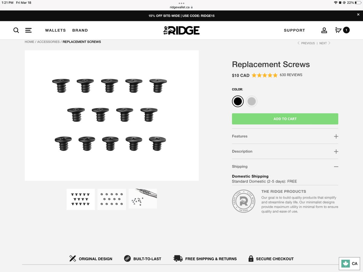 CrazyCanuk1's tweet photo. @ridgewallet I was going to order replacement screws but when I went to finalize the order, I was going to be charged for shipping even though your web site says free shipping. https://t.co/YvXdhNl3CP