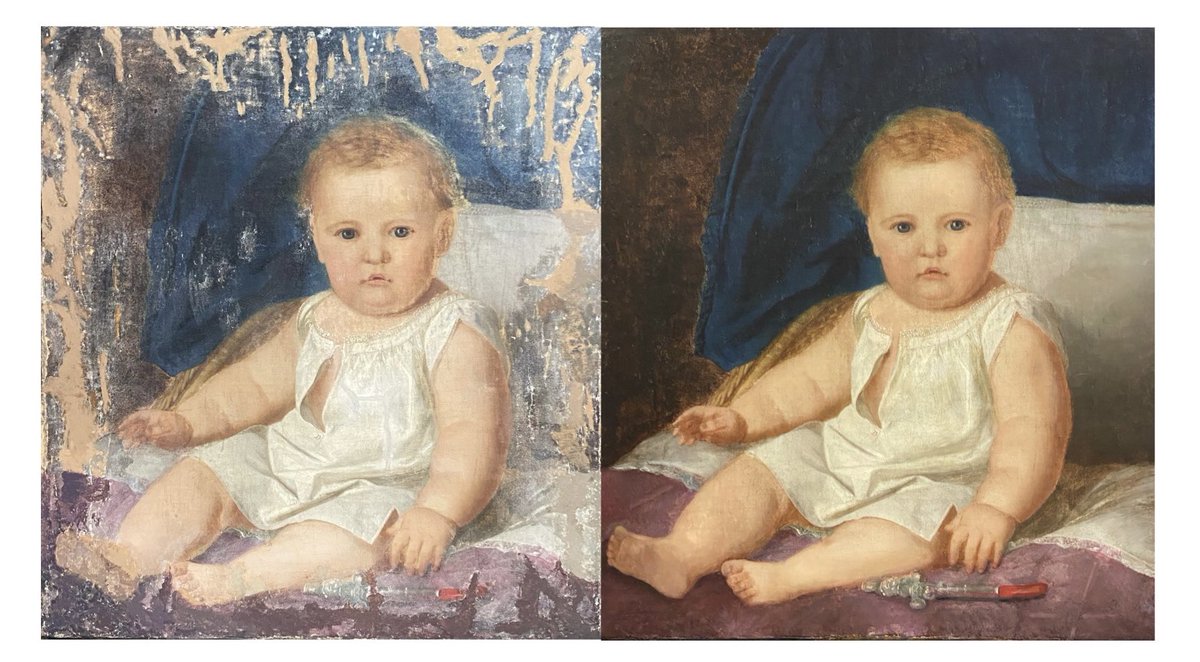 Before and after the relining, filling, cleaning and inpainting process completed here at Cape Cod Picture Framing! #capecodpictureframing