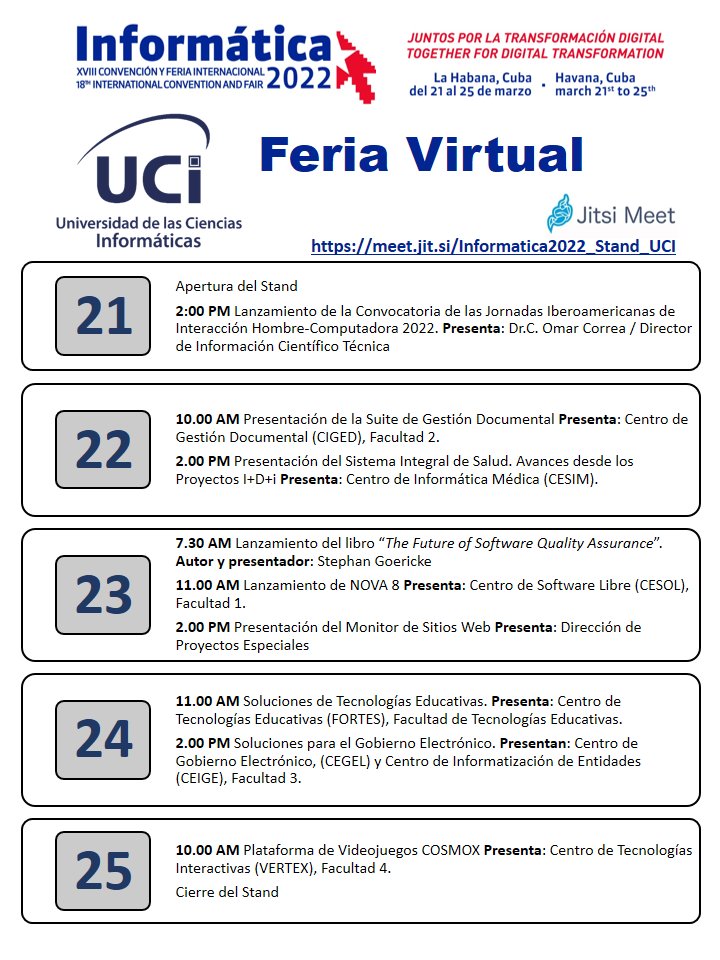 Visita el stand de la <a href="/universidad_uci/">Universidad de las Ciencias Informáticas</a> y únete a las actividades de la #FeriaVirtual <a href="/InformaticaHab/">Informática 2024</a> Juntos por la #TransformaciónDigital meet.jit.si/Informatica202…