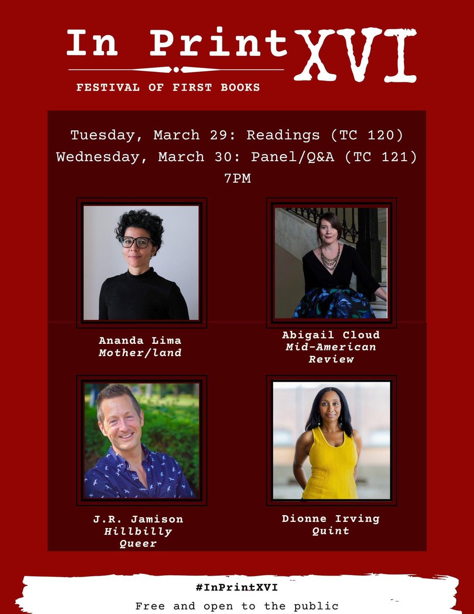I’m thrilled to share the stage with <a href="/anandalima/">Nanda Lima 💞</a> (Mother/land), @LadyDionne79 (Quint), and <a href="/cloudabi/">A. A. Cloud</a> (Editor-in-Chief of <a href="/MidAm_Review/">MAR</a>) at this year’s In Print Festival of First Books at <a href="/BallState/">Ball State</a>. 

Both events are free &amp; open to the public! Come see us!