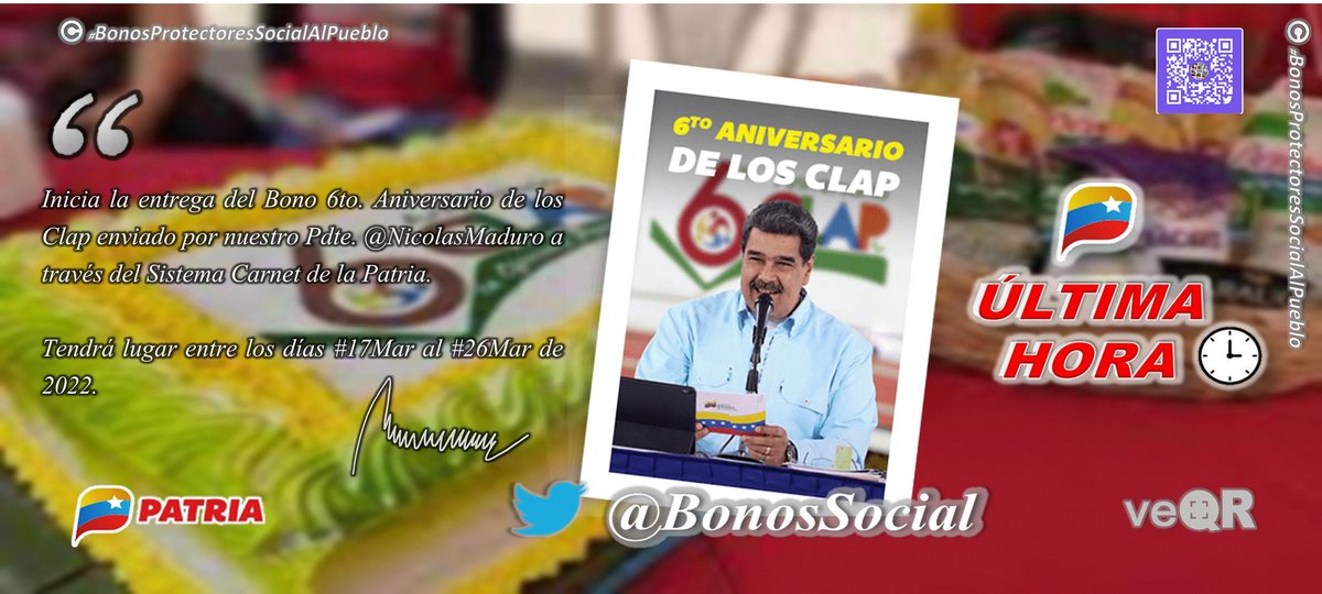 BonosSocial's tweet photo. 📢 #SepaQué: El día #17Mar comenzó la entrega del Bono #6toAniversarioDeLosCLAP a través del Sistema @CarnetDLaPatria enviado por nuestro Pdte. @NicolasMaduro y culmina el día #26Mar de 2022.

✅ Esperando la notificación al N° 3532 y la aplicación #veMONEDERO

#YoCreoEnVenezuela https://t.co/hM76pZ2I8Q