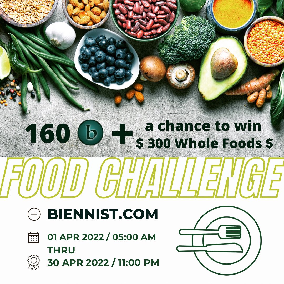 biennist's tweet photo. Food Challenge 
LOG YOUR FOOD &amp; DRINKS DAILY 
From 04/01/2022 to 04/30/2022 !!!

Complete the Challenge to
Get 160 @morebiennes
&amp; enter a chance to win 
$300 Whole Foods cash

#biennist #food #challenge #eatinghealthy #biennes 
#morebiennes #health #wellness 
🍎🥦🥑🍋🥒🍅🥕 https://t.co/lZCVMRkIg5