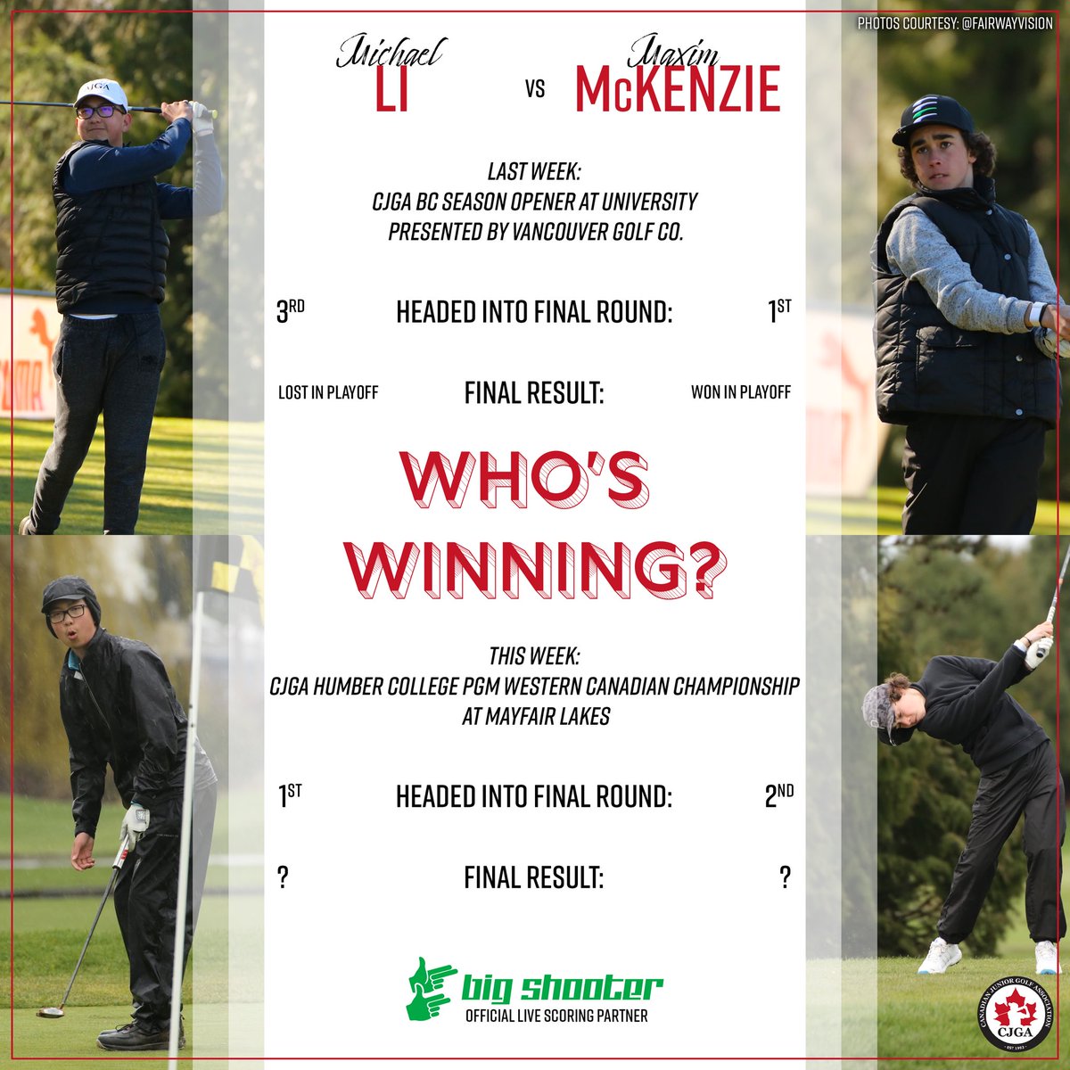 It looks like there’s a (friendly) rivalry brewing between these two 👀⁣

After a playoff last week at University, Maxim McKenzie and Michael Li find themselves atop the Bantam Boys leaderboard again this week. Who is bringing home the trophy today?

#CJGAWesternCanadianChamp