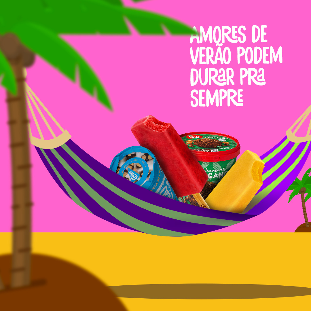 #PraTodosVerem: Vemos na imagem os picolés Cornetto Crocante, Fruttare Muita Fruta Morango, Deliciosamente Vegano e o Fruttare Muita Fruta Manga em uma ilustração de rede de descanso amarrada em um coqueiro.