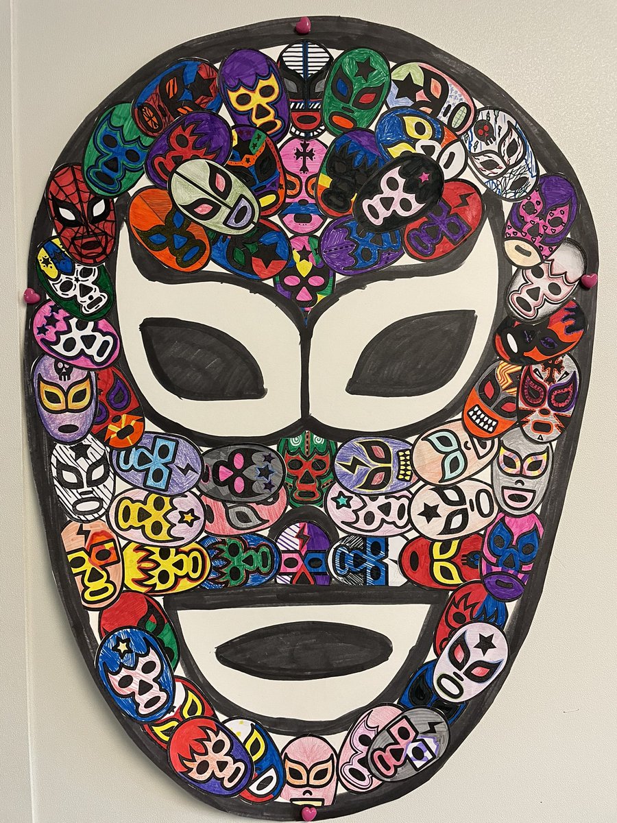 PETLEON8700's tweet photo. My student aide has done it again! She arranged this giant mask out of dozens of smaller masks created and colored by my students. https://t.co/tExncesTyj