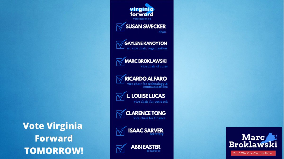 marcbroklawski's tweet photo. Vote #VirginiaForward TOMORROW! @SusanRSwecker @GayleneKan @ralfaro @SenLouiseLucas @clarencetong @isaacsarver https://t.co/DXmQTZclAY