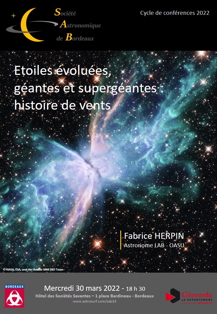 Le 30 mars à 18h30, conférence de Fabrice Herpin, Astronome au LAB : Étoiles évoluées, géantes et supergéantes - histoire de vents. À la Société Astronomique de Bordeaux. astrosurf.com/sab33/conferen… @OASUnivers @univbordeaux @CNRSAquitaine