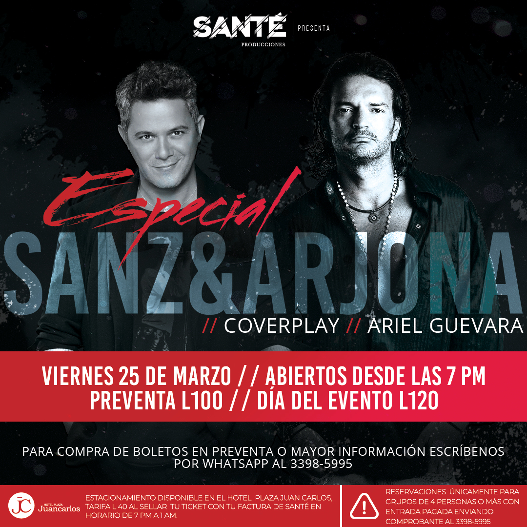 😍COMPLACIENDO PETICIONES🙌🏻 TE TRAEMOS EL ESPECIAL A DOS GIGANTES DE LA MÚSICA EN ESPAÑOL 🎤
#VeniteASanté este viernes 25 de marzo para que disfrutemos de una hermosa velada con la música de dos grandes artistas de la escena romántica en español: ALEJANDRO SANZ &amp; RICARDO ARJONA.