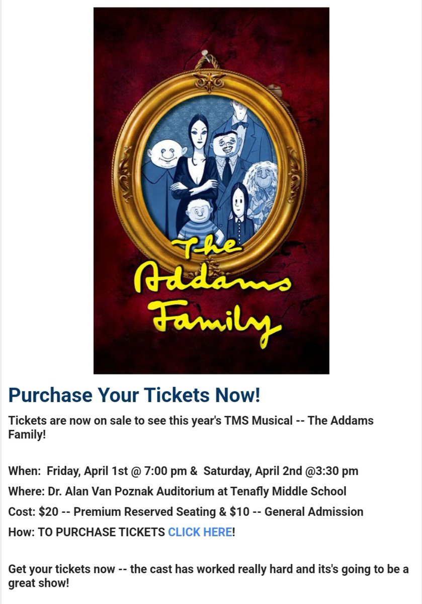 Tenafly Middle School Presents!
Get your tickets TODAY! <a href="/TenaflySchools/">Tenafly Public Schools</a>
<a href="/tenafly77/">Tenafly77</a> <a href="/MiddleTenafly/">Tenafly Middle School</a> @johnfabbo search.seatyourself.biz/webstore/accou…
