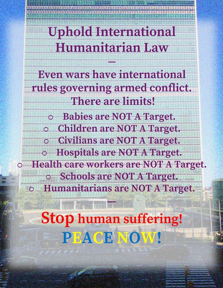 MelissaAnnRends's tweet photo. Uphold International Humanitarian Law. 
Even wars have international rules governing armed conflict. There are limits! 
#StandWithUkraine #Peace https://t.co/L8ek5MuoUz