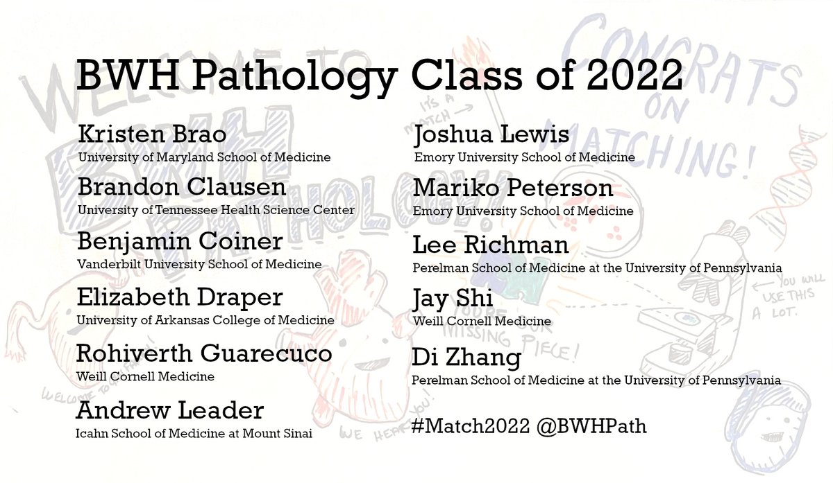 BWHPath's tweet photo. A warm welcome to the 2022 @BWHPath Residency Class! See you in July!

Background art by @PathA_Alice.

#Match2022 #PathMatch22 #VirtualPathMatch #Path2Path https://t.co/BGllSPtLP4
