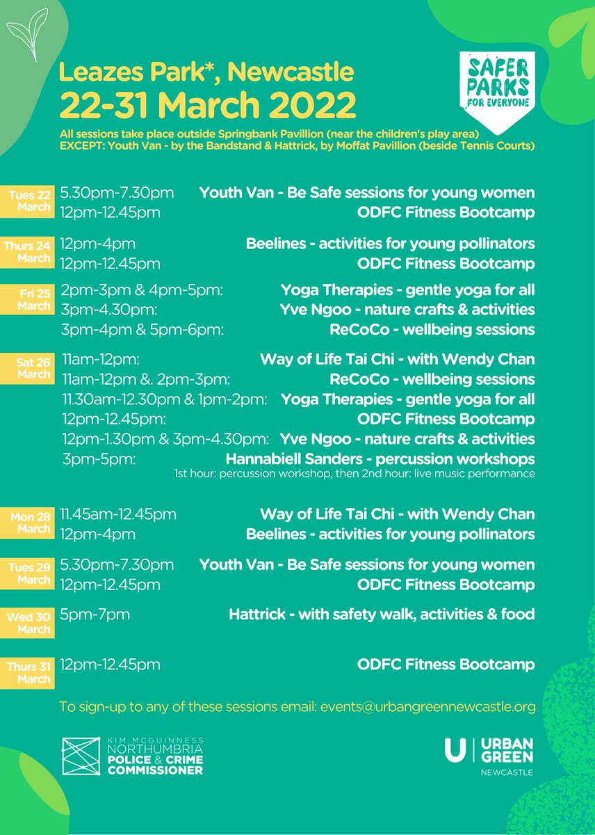 As part of #SaferParks, 22-31 March we'll be running a free programme of art, craft, wellbeing &amp; activities for women and girls in #LeazesPark 👧
Check out the sessions on offer below and e-mail events@urbangreennewcastle.org to book your place!
@NorthumbriaPCC <a href="/northumbriapol/">Northumbria Police</a>