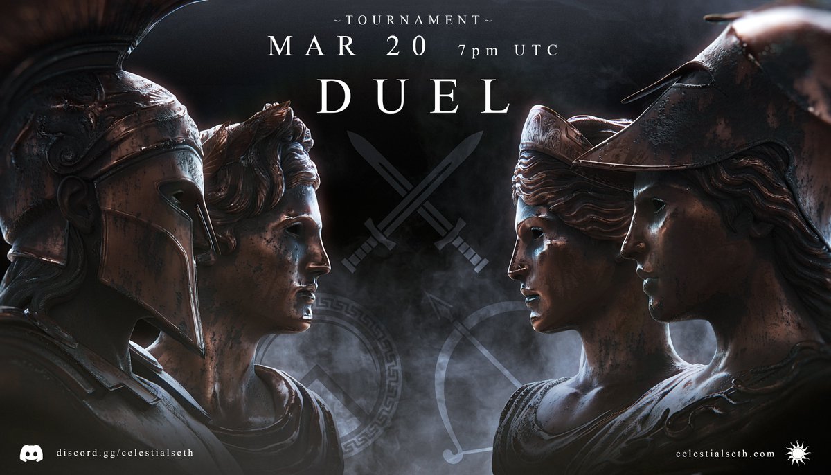 64 mortals. 1 winner. Fighting to the death to claim victory and arise as a God amongst men. Celestials will be hosting a duel tournament on March 20th with prizes totaling to $325, and a free Ares NFT. Join our discord for more details discord.com/invite/celesti…