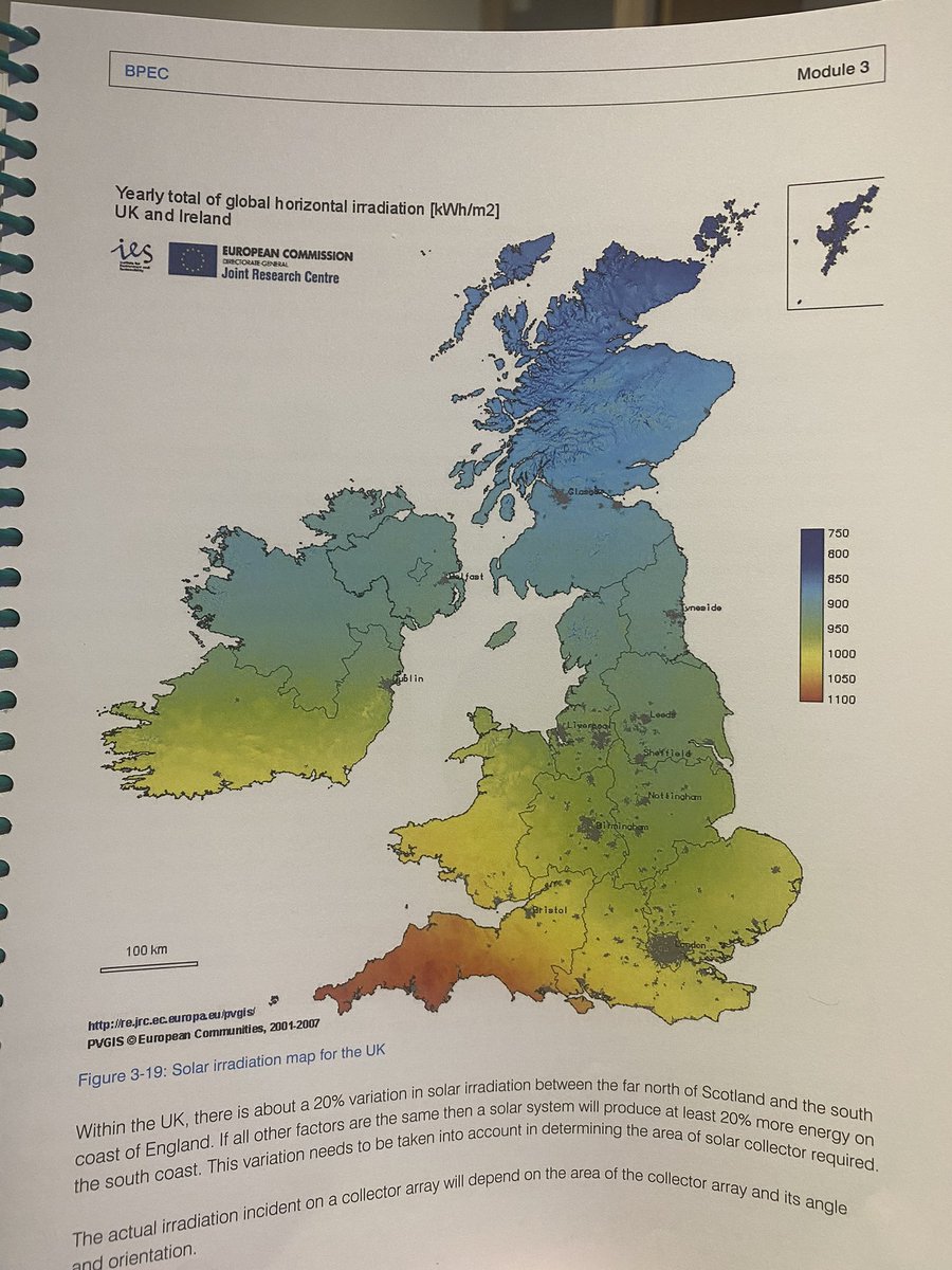 DavisGasltd's tweet photo. Is there a rough way of giving a customer kWh produced by solar thermal a year? BPEC book gives you a irradiation kWh/m2 coloured map (photo included) but if you know of a better way I’d be most grateful!! @_heatgeek @swebster56 @betateach  @s_calvert_heat @kenbone44 https://t.co/w9OD8sDOHQ