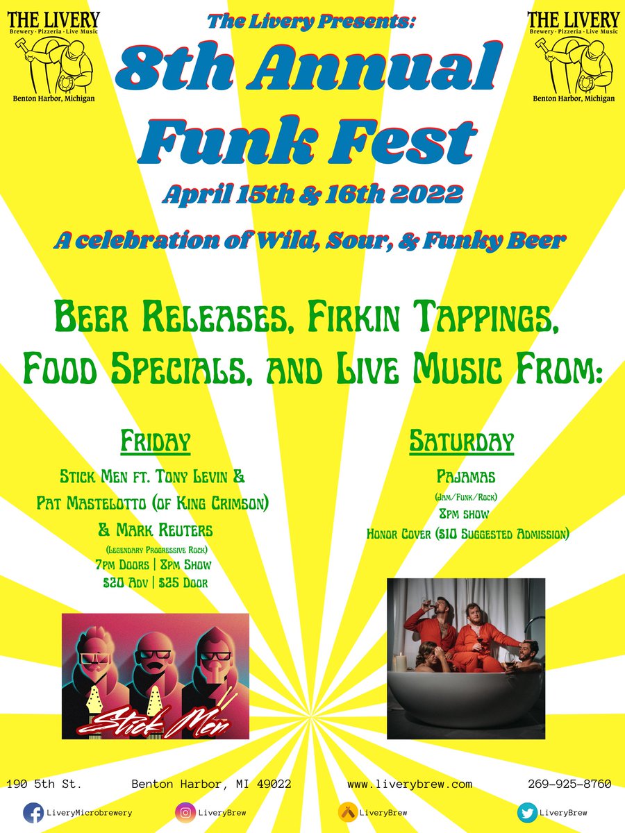 We are only 1 month away from The Livery presents: Funk Fest 2022!  STAY TUNED for announcements on our tap list, bottle release, and of course, firkins! 
In the meantime, check out stellar entertainment line-up!  <a href="/tonylevin/">Tony Levin</a> <a href="/patmastelotto/">pat mastelotto</a> <a href="/markusreuter/">Markus Reuter</a> <a href="/PajamasBand/">John Smith</a>
