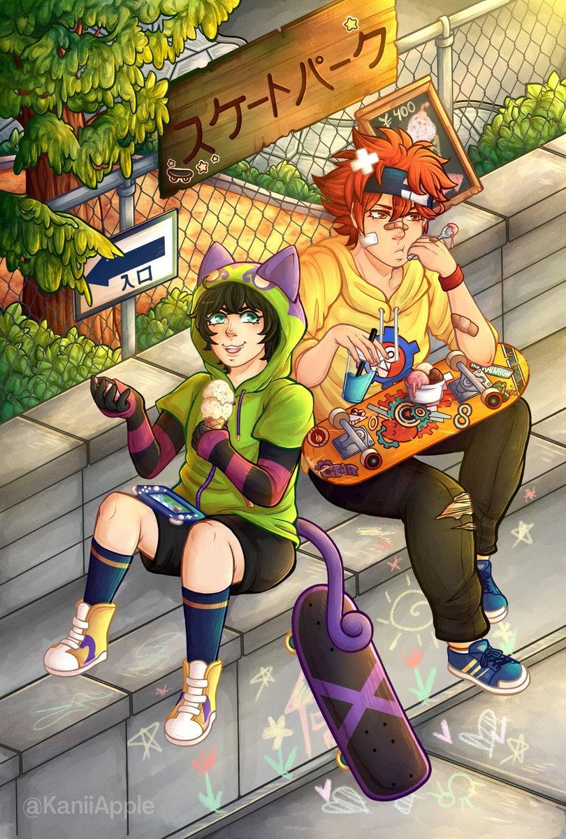 kaniiapple's tweet photo. Here is the reveal of my full piece I made for the sk8 zine @sk8infinityzine ! Miya and Reki just finished a beef and Reki of course loses, but Miya makes him buy them both ice cream anyways #sk8theinfinity #sk8zine https://t.co/wDjtlW2NUK