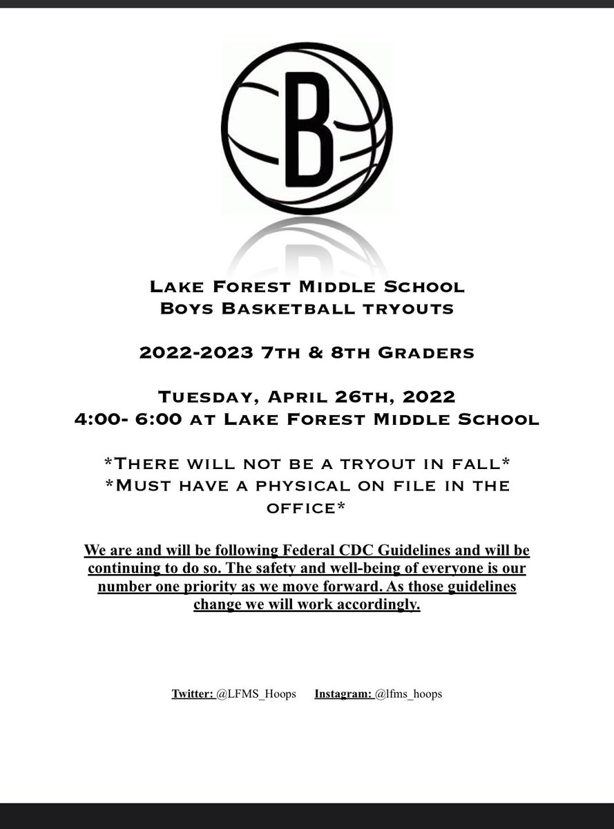 Tryouts for next year’s 7th &amp; 8th grade teams will be on 4/26 from 4-6