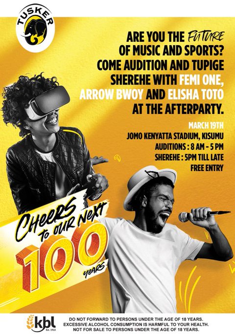 Do you need weekend enjoyment?Tomorrow from 8pm_5pm tusker celebrates 100 years in business. We invite you for auditions by sending a short sms to  29844 #TuskerNexters
<a href="/TuskerLager/">Tusker Kenya</a> Come audition for the e-gaming or music talent. #CheersToTheNext100.