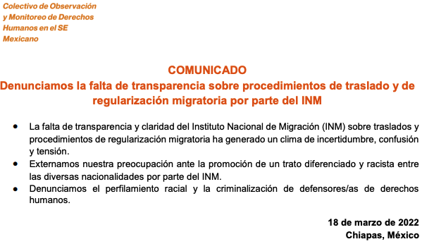 RJM_LAC's tweet photo. 📣 El #COMDHSM denuncia #FaltaTransparencia en traslado y regularización por parte del @INAMI_mx
Y por trato diferenciado y racista por parte del INM. 🟠#NoPerfilamientoRacial #NoCriminalizaciónDefensores_as
Aquí el comunicado: https://t.co/N3qsPBsDkv https://t.co/TtV9viVejx