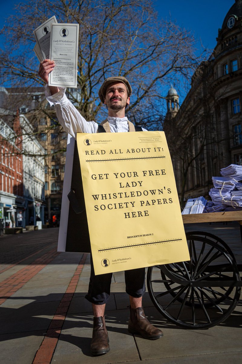 NetflixUK's tweet photo. To celebrate the new social season, a special edition of Lady Whistledown's notorious Society Papers were handed to the townsfolk of Manchester! https://t.co/6O4FJVKGRd