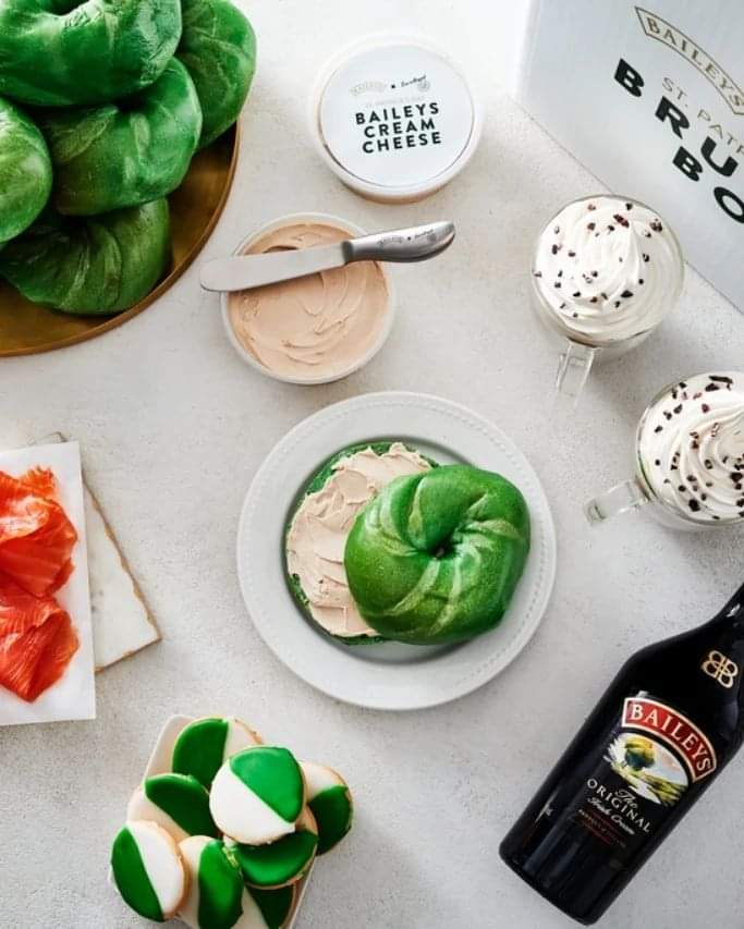 EssABagel's tweet photo. Starting today through March 20th, you can enjoy free samples of our shamrock green bagels with the first-ever cream cheese infused with the flavor of Baileys Original Irish Cream Liqueur (non alcoholic), along with traditional Baileys and coffee cocktails made with @LavazzaUSA https://t.co/Ao70YU4dM9