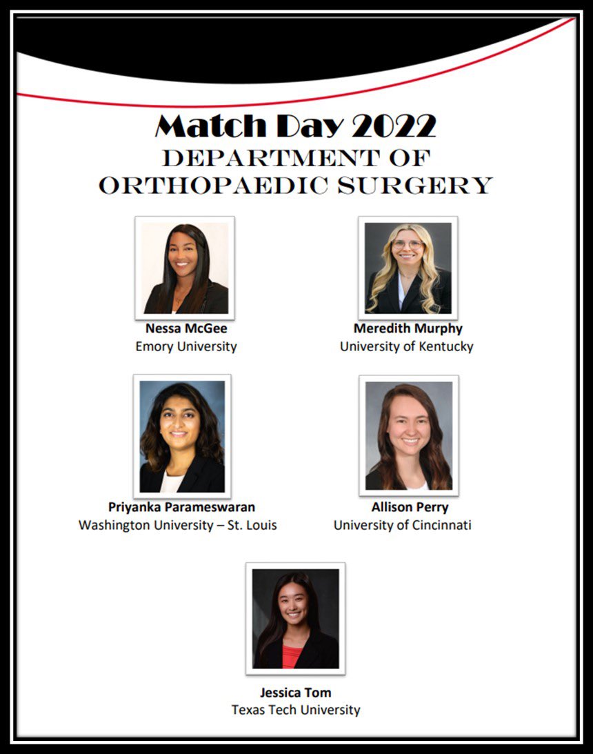 University of Cincinnati Orthopaedic Surgery welcomes our incoming class of residents! 5 future ladypods! We couldn’t be more excited for them to join us! #orthomatch2022 @JRDenning  @AAOS1 @RJOSociety