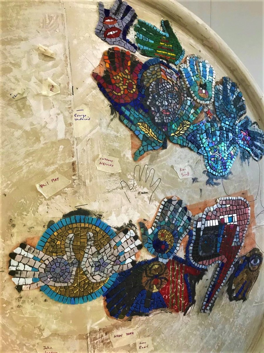 Starting with the early years of the Bowie Inner Circle, hand prints of the musicians , photographers and designers  being mosaiced on to a large panel. #escapeartcentre #bowie #mosaicart