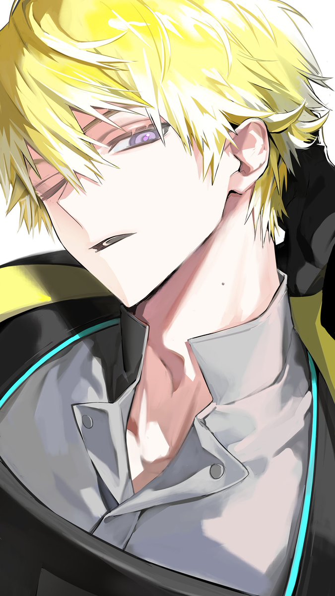 1boy male focus blonde hair mole on neck solo one eye closed purple eyes  illustration images