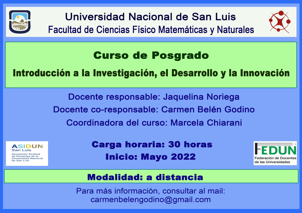 FEDUNArgentina's tweet photo. 🟢 Curso de posgrado: Introducción a la Investigación, el Desarrollo y la Innovación
Organiza #ASIDUN San Luis 👇
https://t.co/MnzFsohXpv https://t.co/W3wXfZpJdg