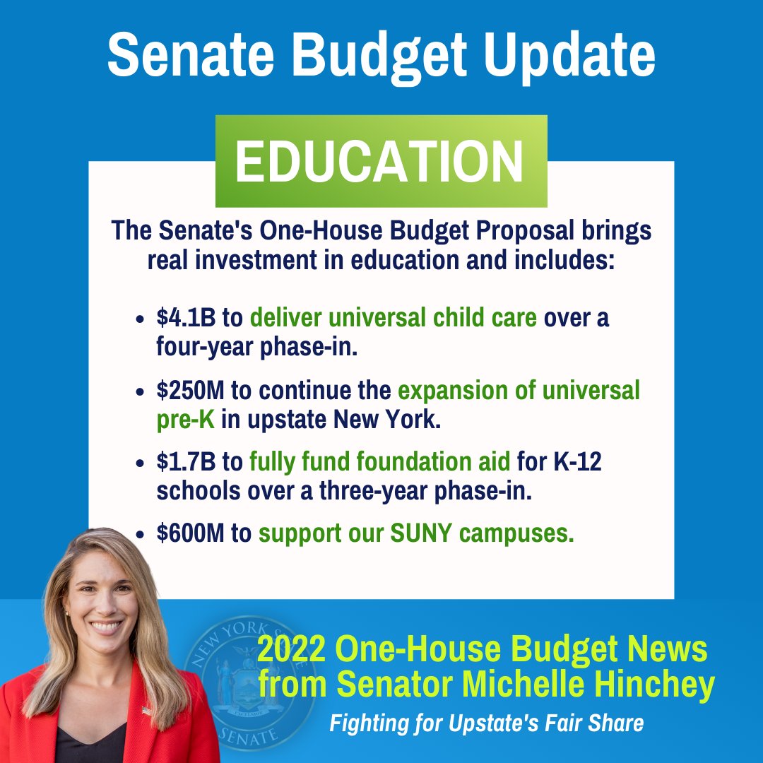 SenatorHinchey's tweet photo. Every child, no matter where they live or their family’s income, deserves a quality education and the chance to succeed. I’m fighting to make sure our Senate One-House proposals on #childcare, #preK, #FoundationAid, & @SUNY make it into the final budget. ⬇️ https://t.co/lvs6yfOJBp