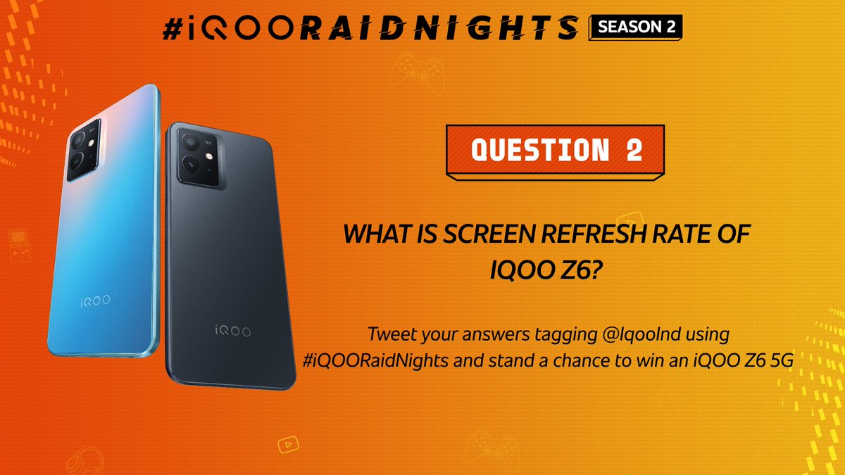 IqooInd's tweet photo. Season 2, Ep 2 of #iQOORaidNights, Q2 of this contest!
What is the screen refresh rate of iQOO Z6 5G?
1. Tweet your answers tagging @iqooind
2. Use #iQOORaidNights
3. Get a chance to win a brand new #iQOOZ6_5G!

Let the retweets begin!

T&amp;C Apply - https://t.co/0zhUUORCUO

#iQOO https://t.co/BWv4aLNPwG