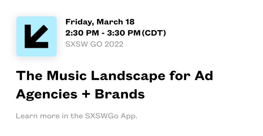treal111's tweet photo. JOIN US TODAY @SXSW! The Music Landscape for Ad Agencies + Brands at SXSW GO 2022. See this session at https://t.co/tsg6YBI4EF https://t.co/n68t0w6gnL