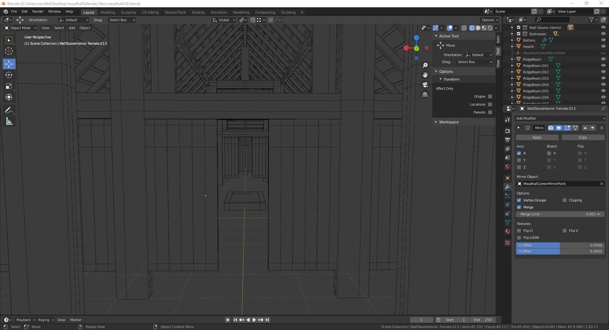 Every day the 3D #Blender model is looking more and more like a real meadhall. Just need to add the mead benches, shingles, and a few minor tweaks. Can't wait to experience this in #VR! #DigitalHumanities