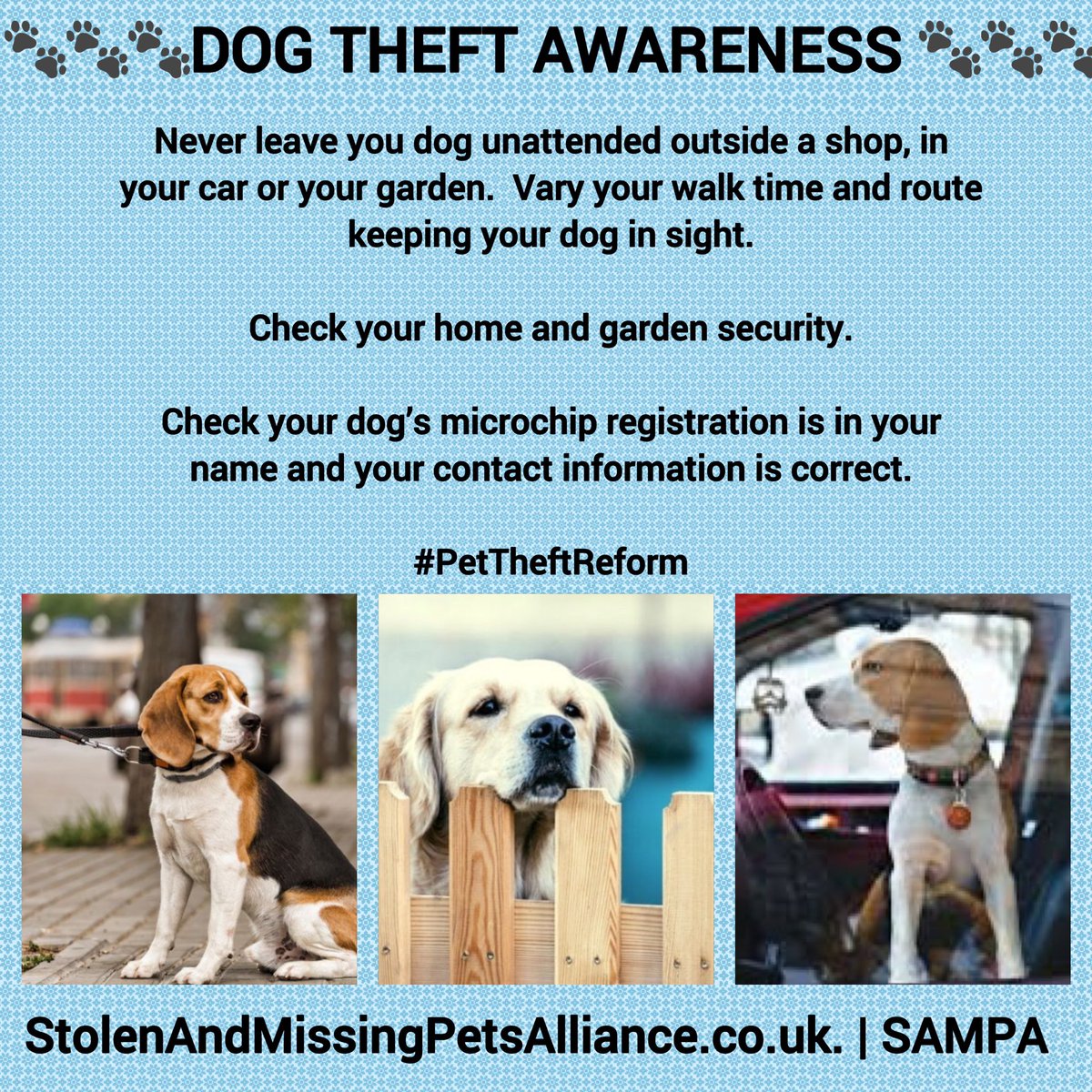 Stay alert, stay aware and stay safe 🐾❤️🐾

#DogTheftAwareness #PetTheftReform #PetTheftAwarenessWeek #StaySafe #DogsofTwittter #Dog #DogsAreFamily #dogsarethebest