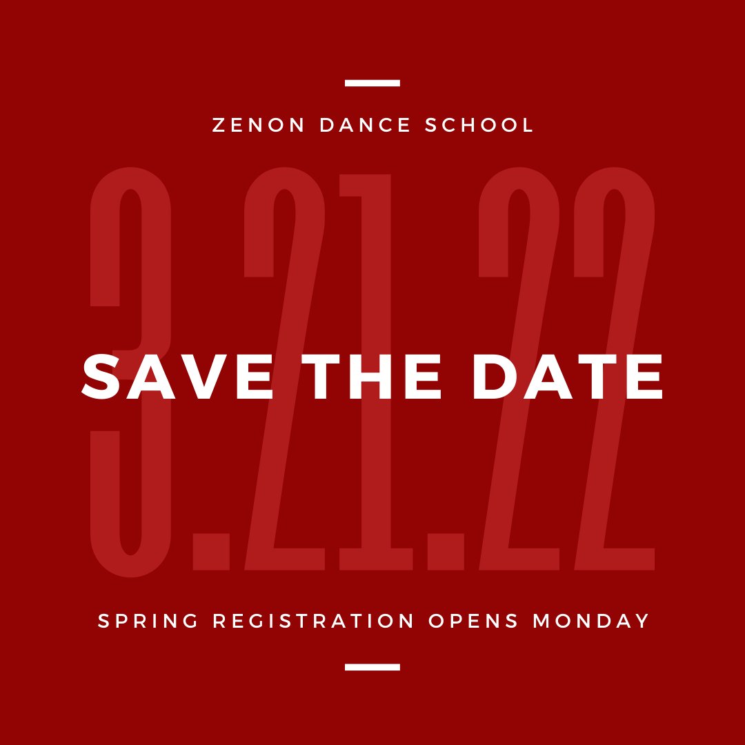 Zenon Dance School opens Spring Registration on Monday, March 21.  😁 Save the date for exciting classes, new workshops, and more starting soon! #zenondanceschool #wewillmoveyou

Registration link: conta.cc/39fJDXN
Learn more: zenondance.org