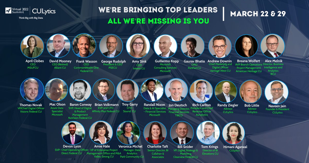 We're bringing together forward-thinking business leaders from progressive credit unions at the #CULyticsSummit2022 for insightful discussions.All we're missing is YOU.
While your ticket is complimentary, registration is required - zcu.io/ipmR 

#DigitalTransformation