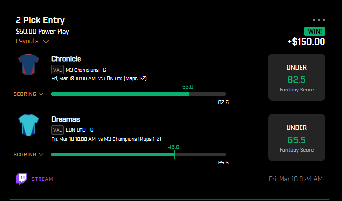 knowing what a demon Chronicle is I couldn't put more than half unit on him but nice to see #VALORANT cashing nice and early

attached is my breakdown/write-up on the M3C vs LDNU match

got two huge playoff series w/ multiple player props ready to go

#RUNITBACK #OTTN #IIWII https://t.co/tgyVjuQ72x