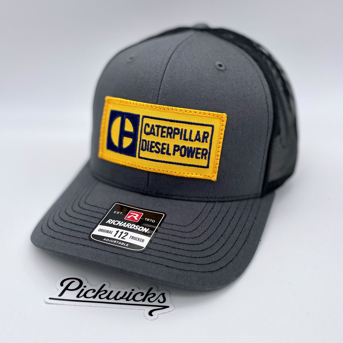 Our first custom order from the updated Pickwicks website! Vintage "Block C" #Caterpillar Diesel Power patch sewed onto a new Richardson 112 hat.  Awesome color combo picked out by the customer.   Try out our hat customizer:  pickwicks.com/block-c-patch

#CAT #Equipment #CatEquipment