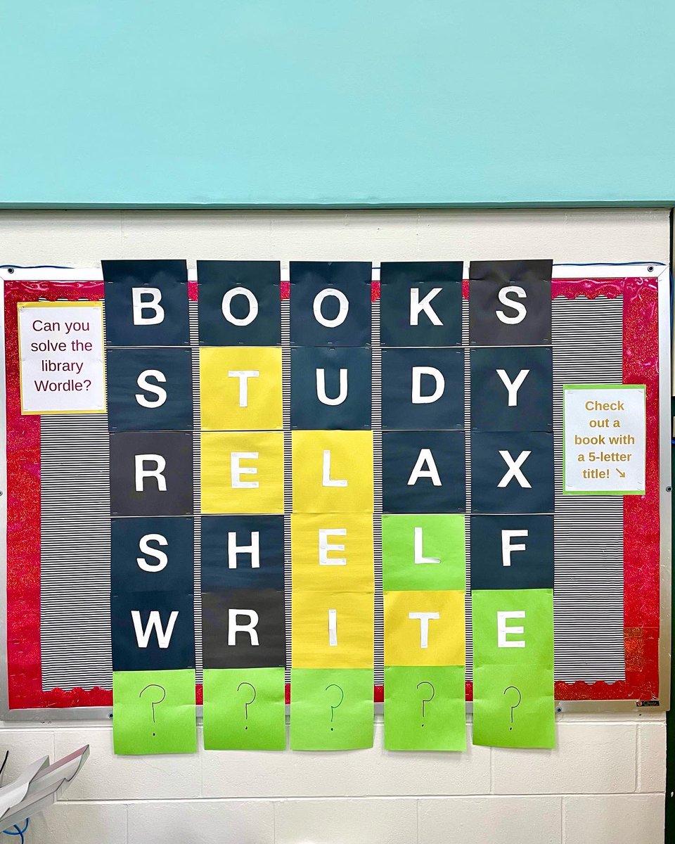MissRagusin's tweet photo. 📚 Can you solve our library Wordle? 🤔 @D13Jaguars #ilbsd13 #wordle #librarybulletinboard https://t.co/1GLOL71IDn