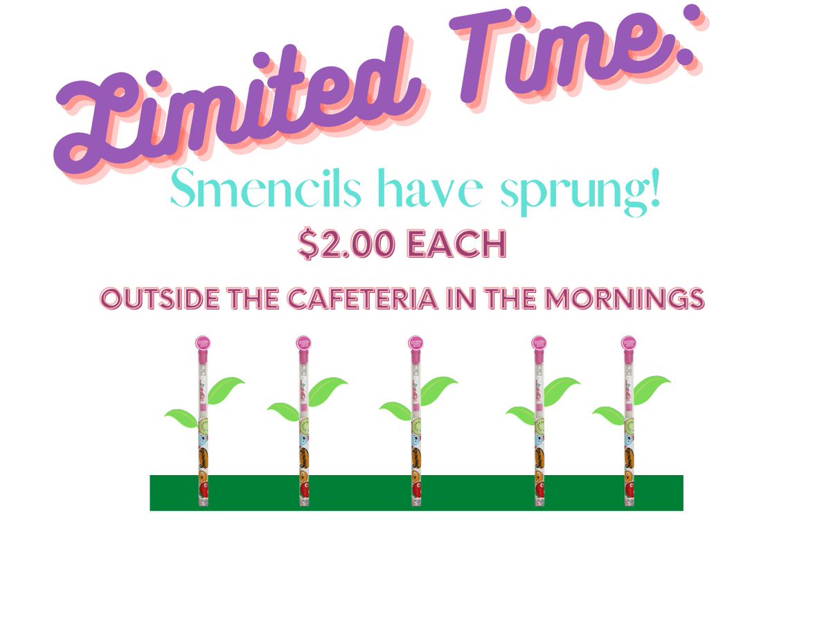PESCouncil's tweet photo. PES Student Council is very excited to announce that "Smencils" are returning! They are $2 each and sold outside the cafeteria. Sale starts Monday the 21st and will continue through the end of March. 
✏️🌼 https://t.co/ijJpsWPDoX