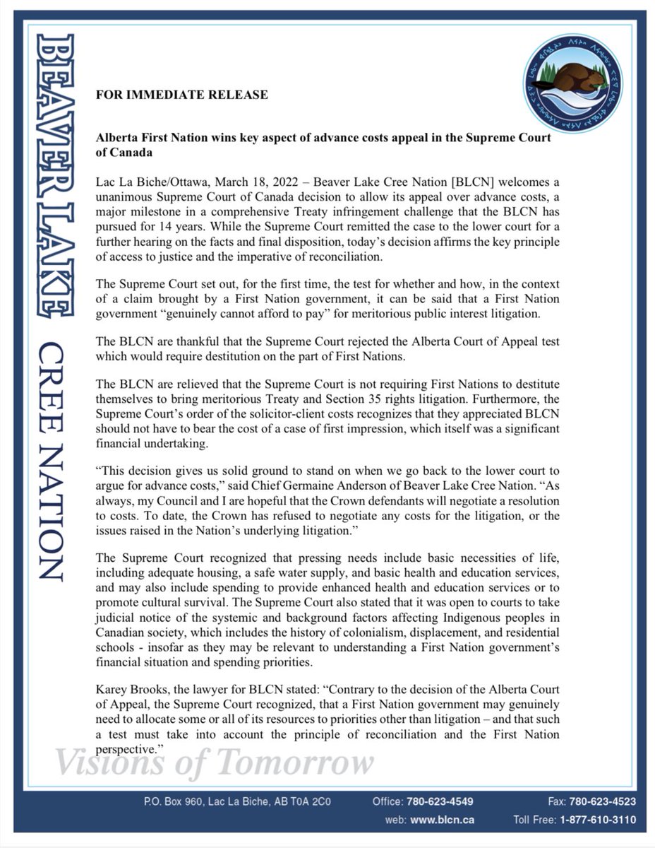 clameman's tweet photo. Beaver Lake Cree Nation welcomes the unanimous decision of the SCC, allowing its appeal on Advance Costs, setting aside the Alberta Court of Appeal test which requires destitution on the part of First Nations to be approved for Advance Costs @rjmjanes @KareyMBrooks @RAVENtrust https://t.co/Qi8WV7Uxhf