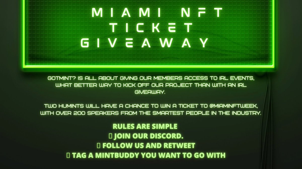 🎟NFT MIAMI TICKET GIVEAWAY 🎟

Two week countdown to <a href="/MiamiNFTweek/">#MiamiNFTWeek</a> 
 
From now till April 1st we will be giving away tickets to the event inside our discord ($500 value)

All you need to do is
🌱 Follow us and retweet
🌱 Join our discord.
discord.gg/HMyAs7du