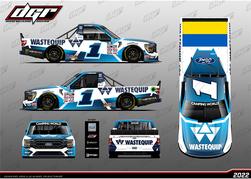 Wastequip's tweet photo. DON'T MISS Hailie Deegan competing in tomorrow's @NASCAR FR8 208 at the Atlanta Motor Speedway.

To show support for the devastating situation in Ukraine, Wastequip has donned the Ukrainian flag on the back of Hailie's truck. We all stand with Ukraine and its people ➡️ https://t.co/976CCQOAa9
