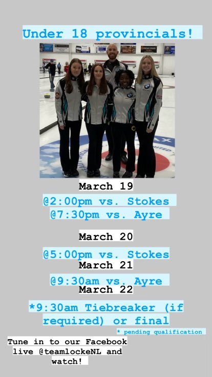 locke_team's tweet photo. Excited to be in Stephenville for the U18 Provincial Curling Championships!  Looking forward to some great curling 🥌 https://t.co/0l7utYJTvu