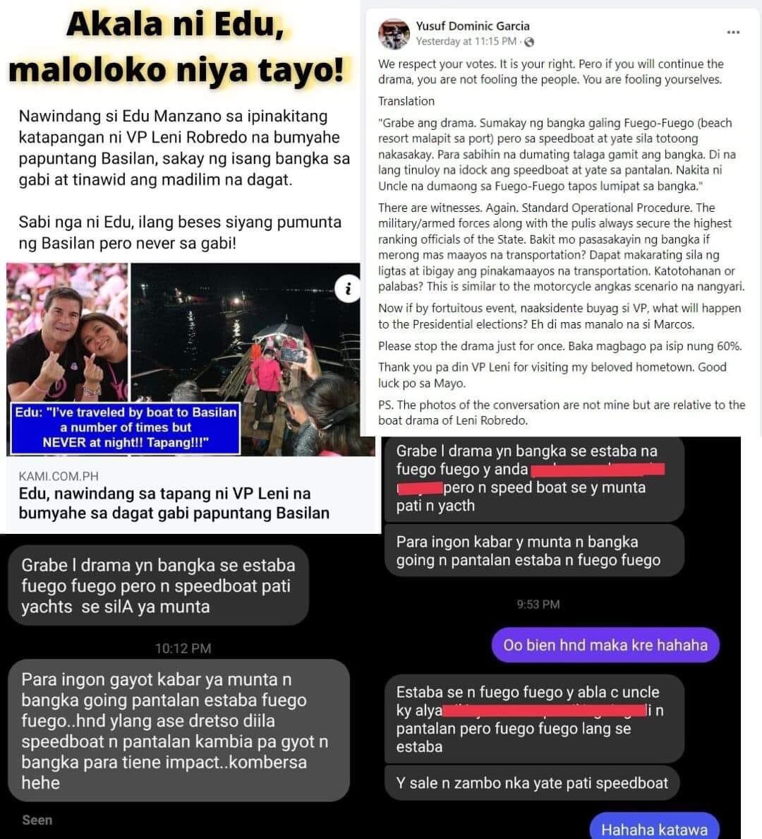 kingofspades88's tweet photo. Basilan issue ni Robredo:
Ang ipinakita ng media via @ABSCBNNews @JervisManahan ay sumakay si Leni sa bangka pero before makapunta pala ng port eh sumakay ng speedboat/ yate. As usual it’s all for the photo ops just like what they’re doing since day1 🙄 #kakampinks #BasilanIsPink https://t.co/7gitZ1yHcs