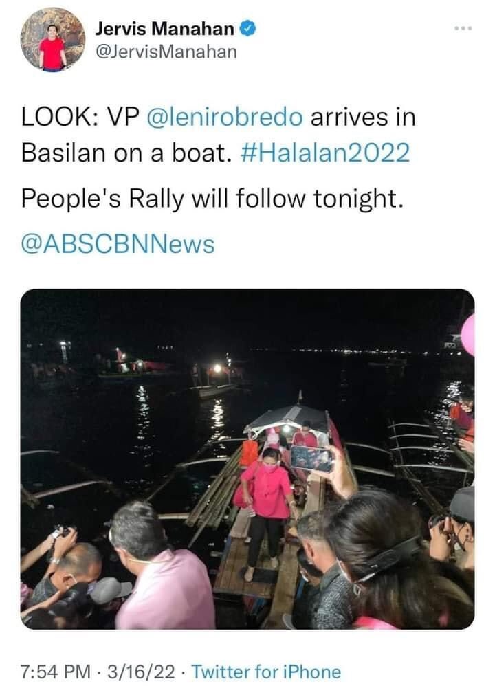 kingofspades88's tweet photo. Basilan issue ni Robredo:
Ang ipinakita ng media via @ABSCBNNews @JervisManahan ay sumakay si Leni sa bangka pero before makapunta pala ng port eh sumakay ng speedboat/ yate. As usual it’s all for the photo ops just like what they’re doing since day1 🙄 #kakampinks #BasilanIsPink https://t.co/7gitZ1yHcs