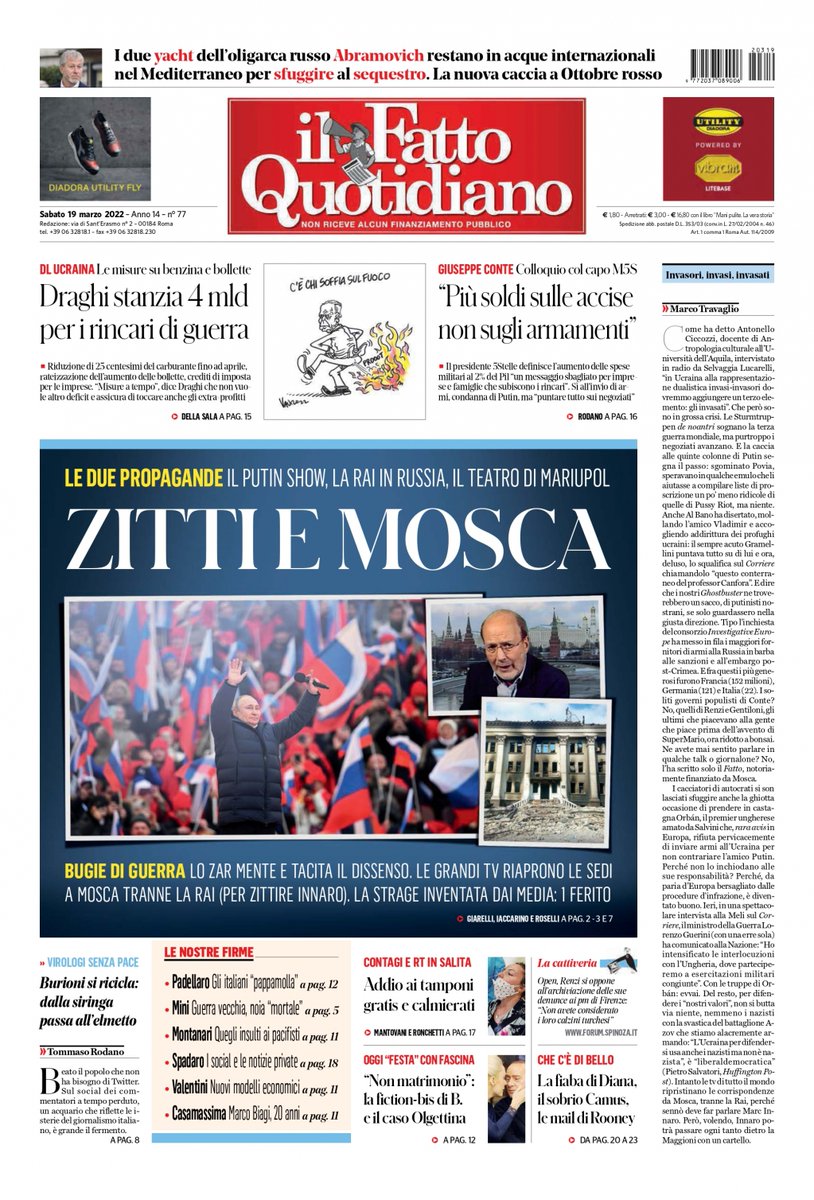 adbonaccorso's tweet photo. LA PRIMA DI OGGI. Il Fatto Quotidiano. Zitti e Mosca. Le due propagande. Il Putin show, la Rai in Russia, il Teatro di Mariupol. Lo Zar mente e tacita il dissenso. Le grandi tv riaprono le sedi a Mosca tranne la Rai (per zittire Innaro). La strage inventata dai media: 1 ferito https://t.co/ld3CPLVTBe
