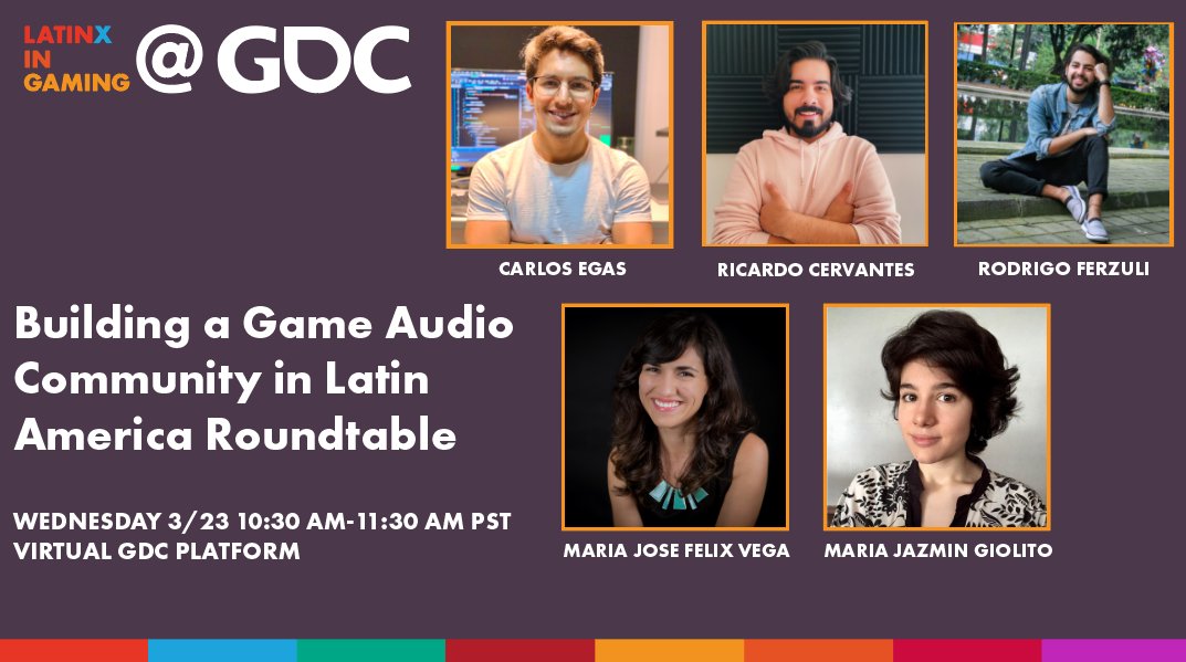 LatinosinGaming's tweet photo. Join @audiosource @Fixxxr87 @RodrigoFerzuli @majofelix &amp; @JazminGiolito's panel "Building a Game Audio Community in Latin America Roundtable" on 3/23 at 10:30 AM-11:30 AM PST. They'll discuss the challenges when looking for a career in audio and creating an audio studio in LATAM! https://t.co/8BEcXn0eyk