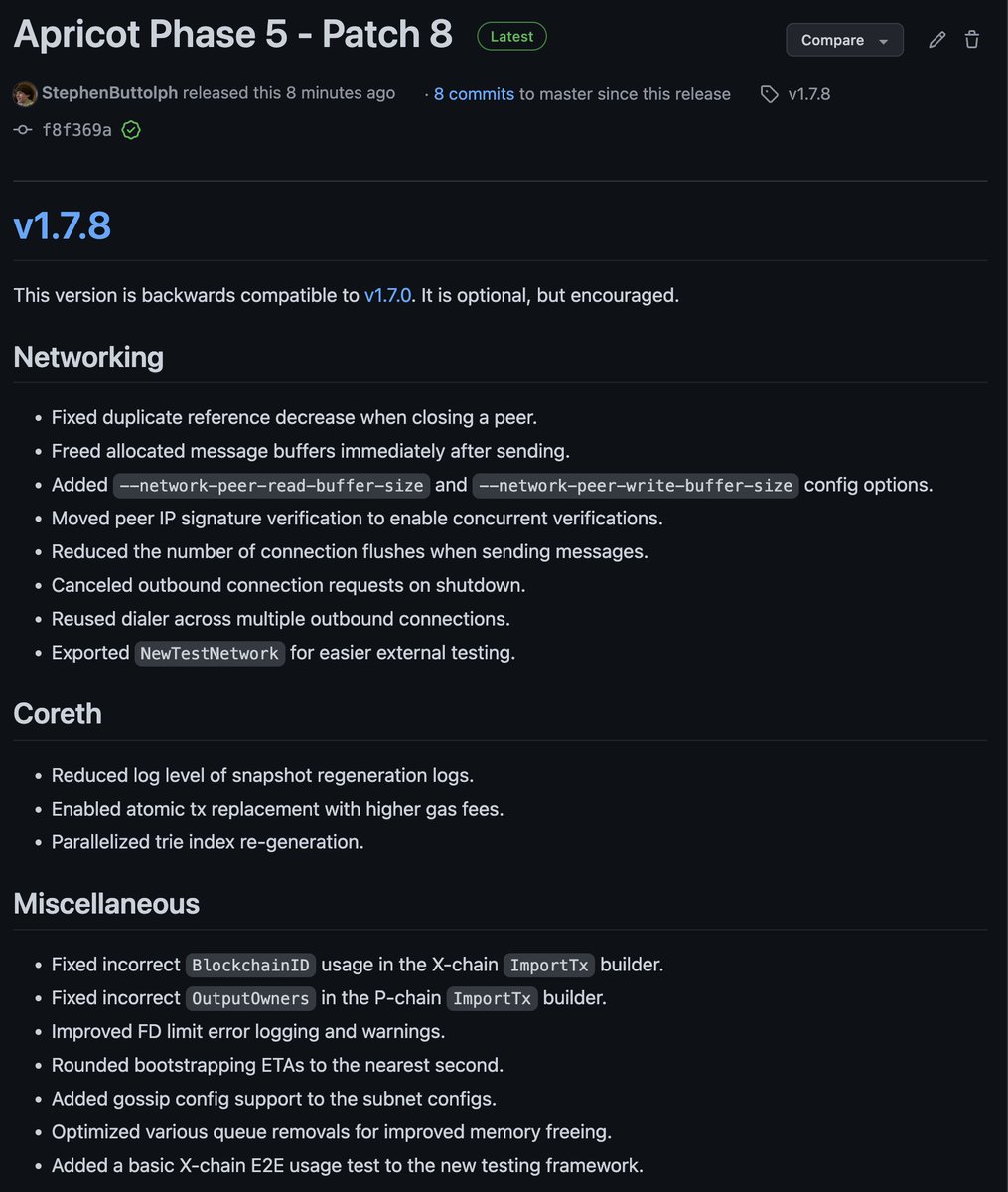 🔨 🔧 AvalancheGo v1.7.8 is out: github.com/ava-labs/avala… 🪚🔩

This version is backwards compatible to AvalancheGo@v1.7.0. It is optional but recommended.

No better way to start Summiting early than deploying these networking optimizations to your validator before 🇪🇸🇪🇸.
